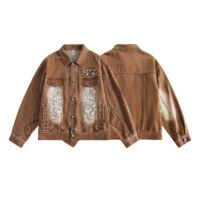 ✿New item! [SOLDOUT Series]★Denim Jacket★ Embroidery Floral Pattern Outerwear Switching Unisex Men's Design Retro Brown