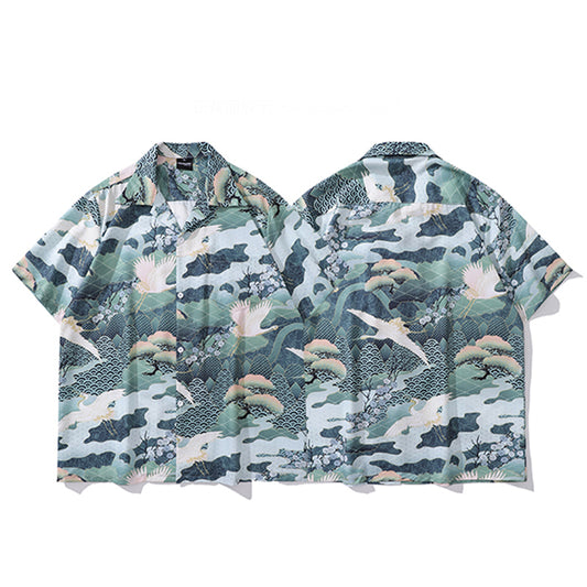 Very popular item [BEAT BOY series]★China style shirt★ Letter pattern Kanji short sleeve shirt Floral pattern shirt Print tops Unisex Men's ML XL 2XL