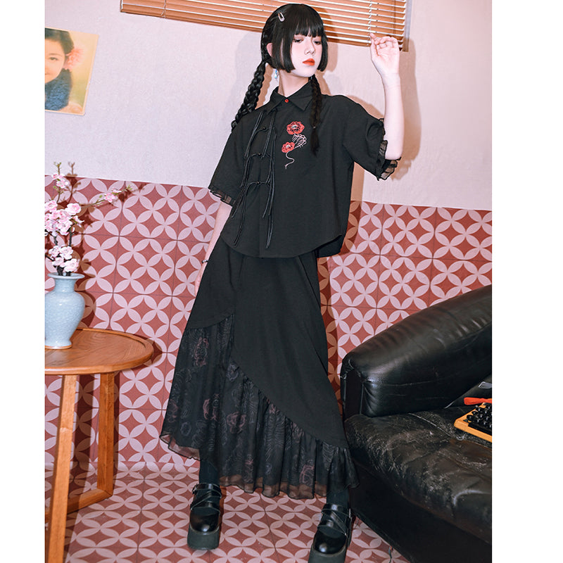 [Kokaisha Series] ★China style pants★ Chiffon gaucho pants Spring/Summer Loose Black Black SML XL