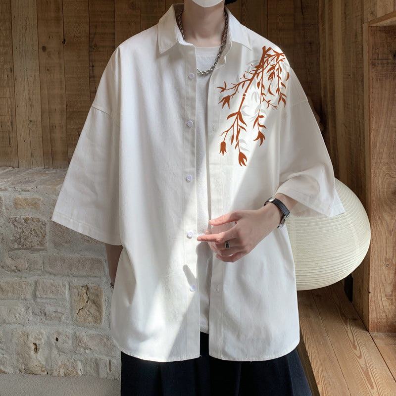 [BIGEMAN Series] ★China style tops★ 2color shirt, bamboo pattern, bamboo, short sleeves, unisex, men's, large size, black white