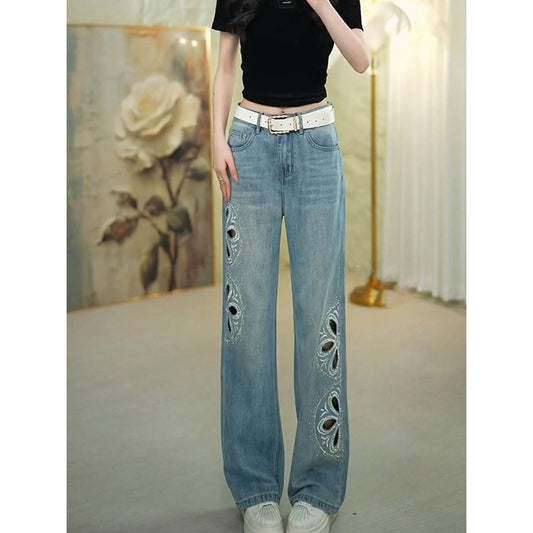 [OURI Series] ★Denim pants★ Trousers Bottoms Floral pattern Casual Easy to match Ladies Fashionable