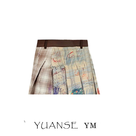 [YUANSE Series] ★Skirt★ Bottoms Plaid Skirt Graffiti Ladies Literary Style