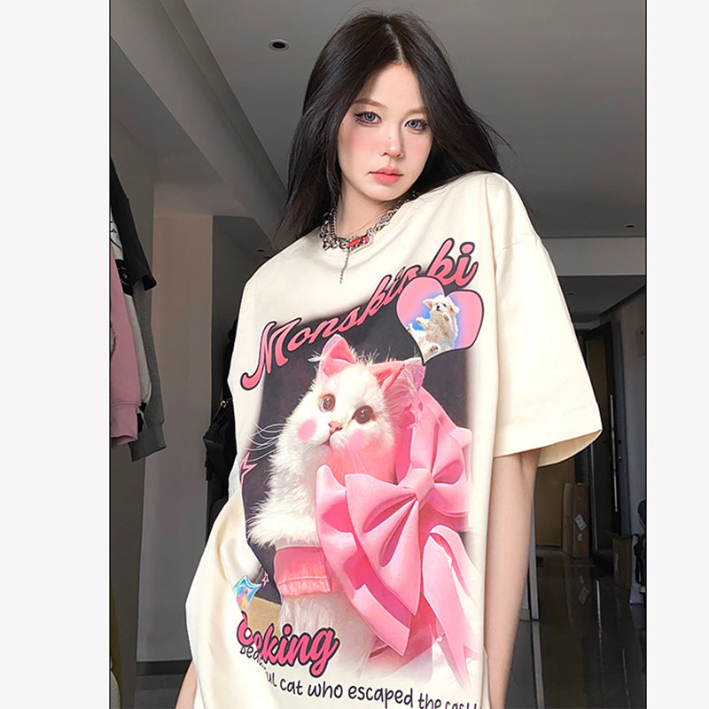 【HTTAOSUPシリーズ】★Tシャツ★ 3color トップス 半袖 レディース 男女兼用 メンズ コットン 猫 ねこ ネコ 猫柄