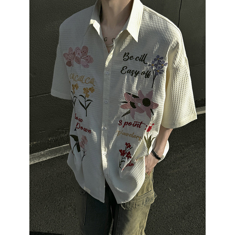 [NANSHI Series]★Shirt★ 2color Tops Embroidery Floral Pattern Short Sleeve Unisex Men's Casual Retro