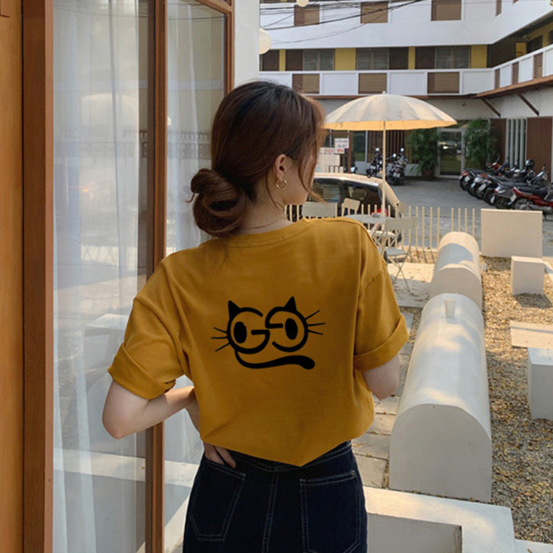 【SSHDJRシリーズ】★Tシャツ★ トップス 半袖 レディース 猫 ねこ ネコ カートゥーン イエロー