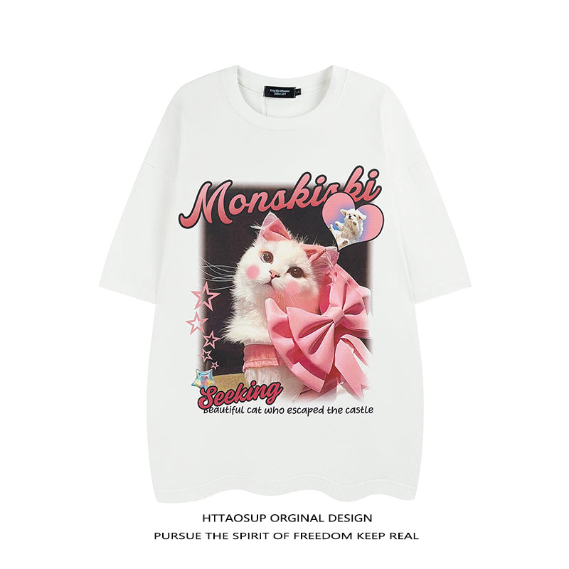 【HTTAOSUPシリーズ】★Tシャツ★ 3color トップス 半袖 レディース 男女兼用 メンズ コットン 猫 ねこ ネコ 猫柄