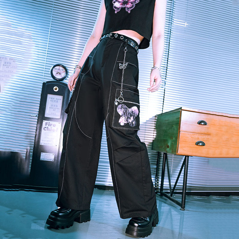 [Kokaisha---Butterfly Gin Series] Chinese-style trousers, bottoms, gaucho pants, original, slimming, switching, floral pattern