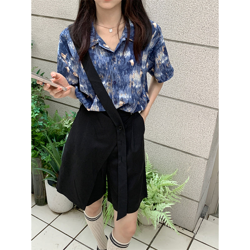 【HUAYUXINシリーズ】★シャツ★ トップス 半袖 レディース 可愛い S M L 合わせやすい 夏服 水墨柄 ブルー 青い