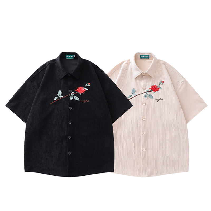 [Escaped Earth Series]★Shirt★ 2color Tops Embroidery Short Sleeve Shirt Unisex Men's Apricot Black