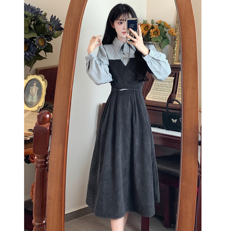 [YAMENGNI Series]★China style dress★ Women's long sleeve fake layered retro large size