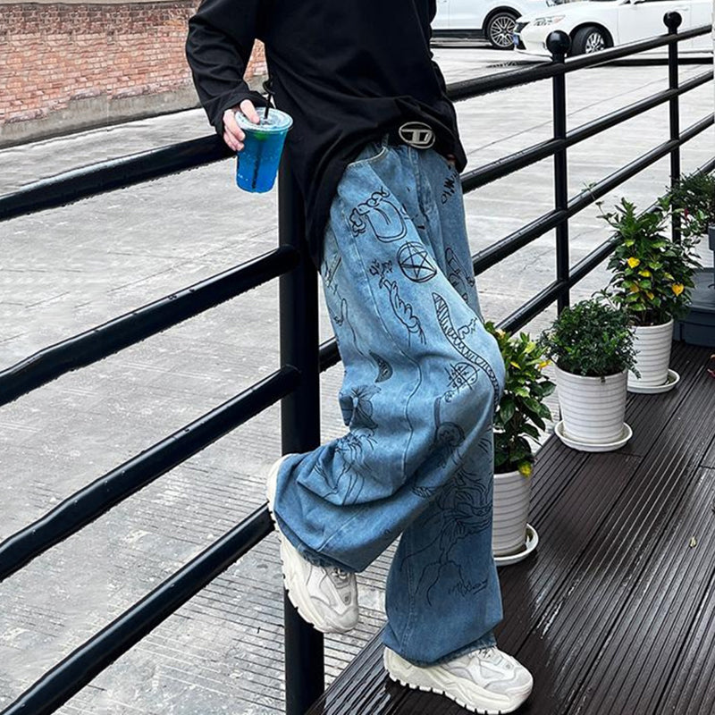 [XIHA Series]★Denim Pants★ Trousers Casual Pants Bottoms Unisex Men's Graffiti Blue Blue