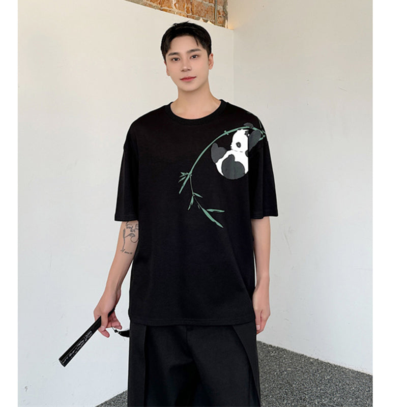 [ZHUIYI series] ★Chinese style tops★ 2color T-shirt, short sleeve, bamboo, bamboo pattern, panda, men's, casual, black, white