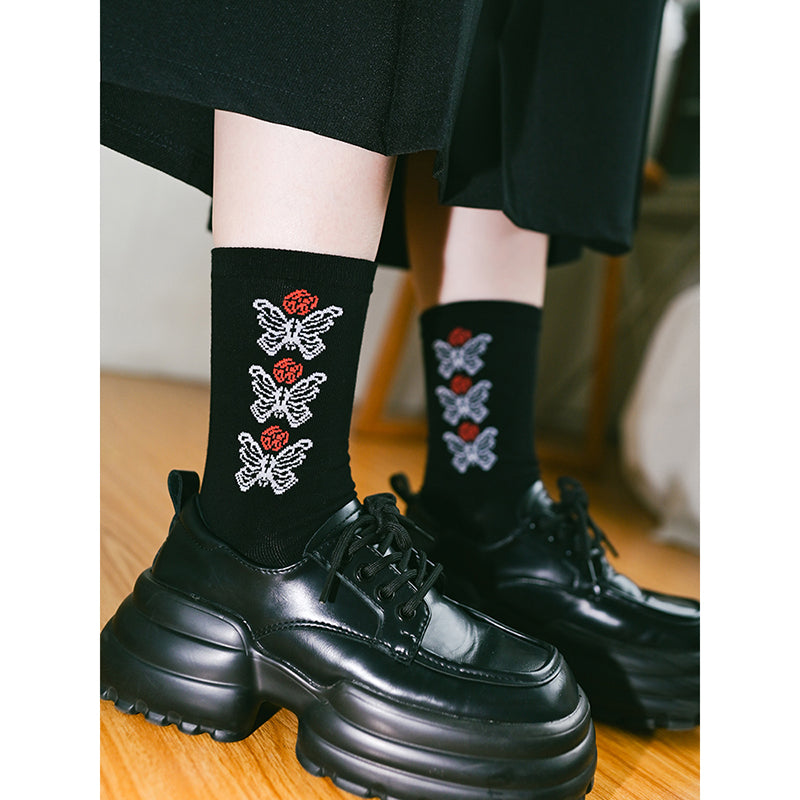 [Kogakusha---Flower Bone Series] ★Socks★ Chinese-style socks, cotton, butterfly print, easy to match, black