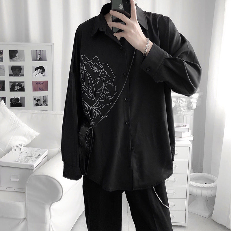 [Fudoku Sensei Series]★Shirt★ 2color long sleeve shirt tops unisex men's black white rose