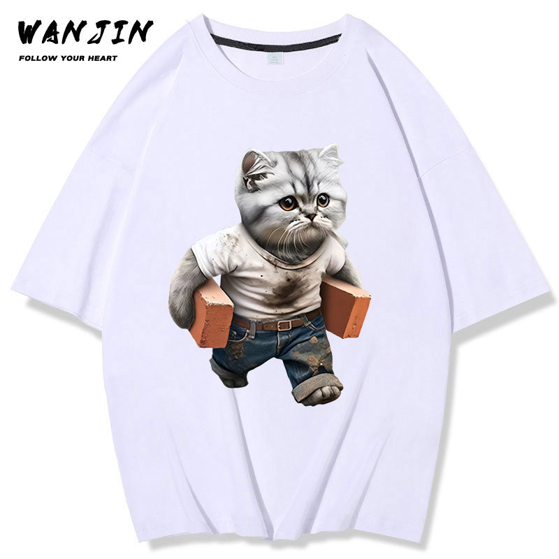 【XIAOLINGDANGシリーズ】★Tシャツ★ 2color トップス コットン 半袖 猫 ねこ ネコ 男女兼用 メンズ ブラック ホワイト