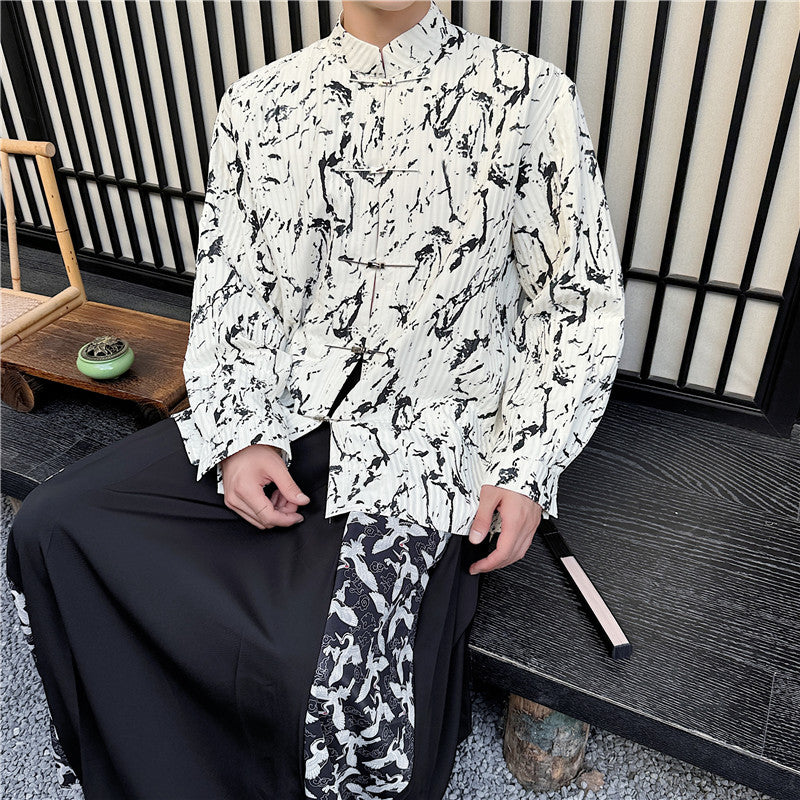 [Illustrated series]★China style shirt★Long sleeve shirt tops Ink pattern Unisex Men's Retro Casual