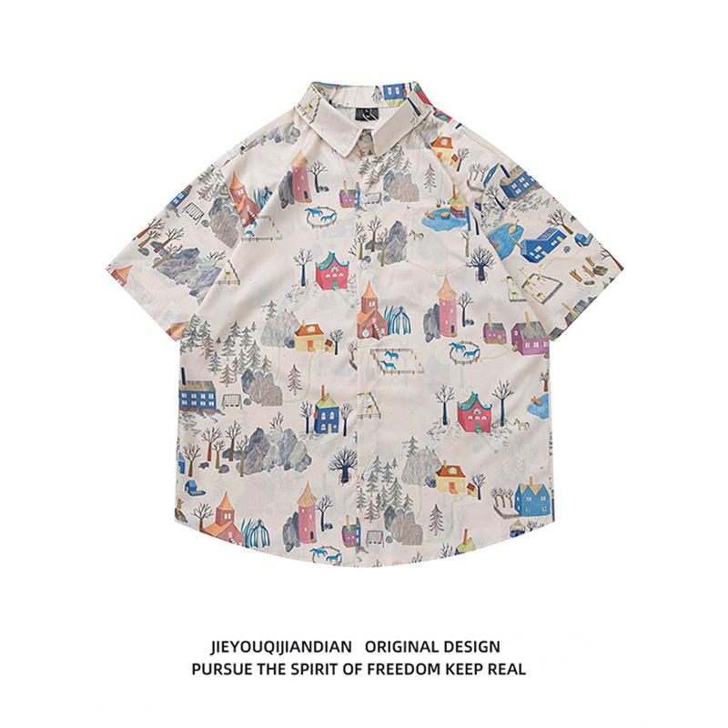 Very popular item [BEAT BOY series]★China style shirt★ Letter pattern Kanji short sleeve shirt Floral pattern shirt Print tops Unisex Men's ML XL 2XL