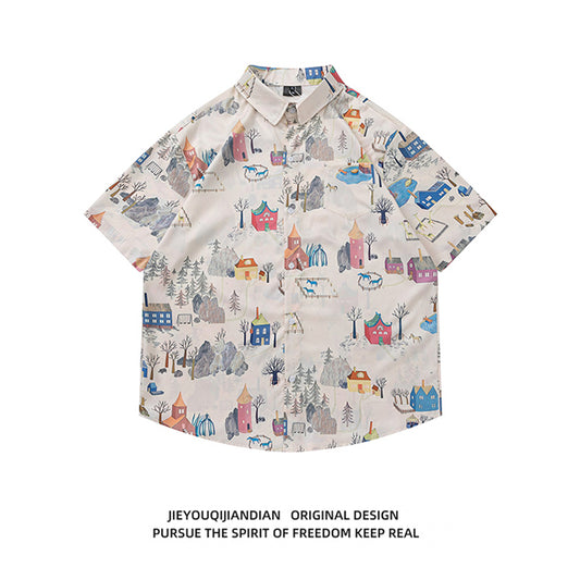 Very popular item [BEAT BOY series]★China style shirt★ Letter pattern Kanji short sleeve shirt Floral pattern shirt Print tops Unisex Men's ML XL 2XL