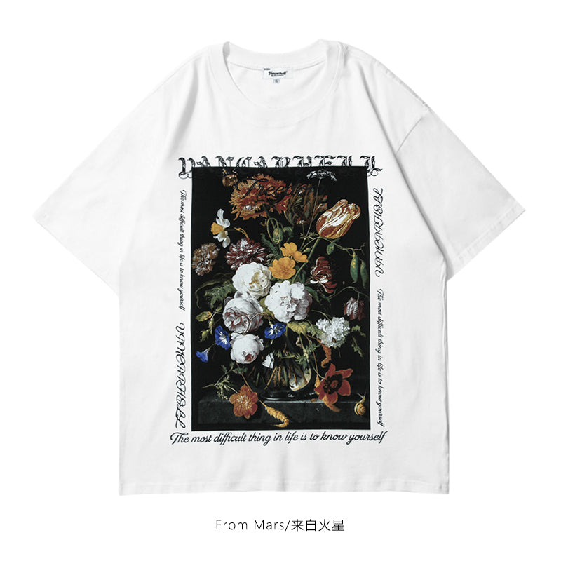 [From Mars Series] ★Tops★ 2color T-shirt Short Sleeve Floral Pattern Unisex Men's Cotton Black White