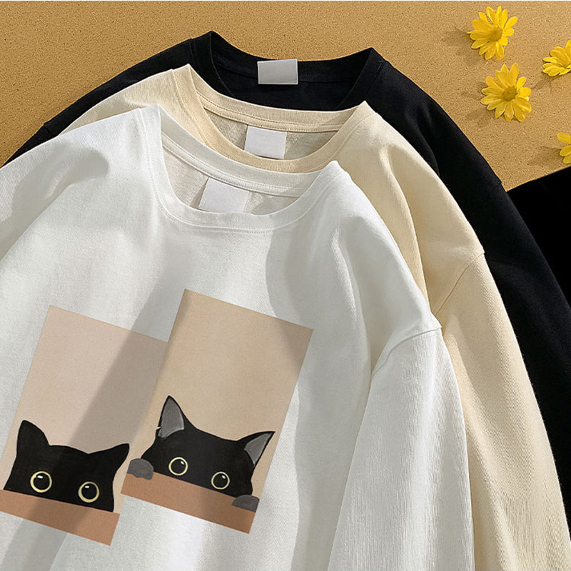 【SENSUシリーズ】★Tシャツ★ 5color 長袖Tシャツ 男女兼用 メンズ 大きいサイズ 猫 ねこ プリント コットン