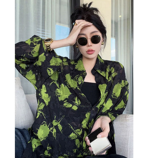 [WUHUAGUO Series] ★Shirt★ Tops Long sleeves Thin Print Women's Unique Floral Black Green SML Floral Easy to match