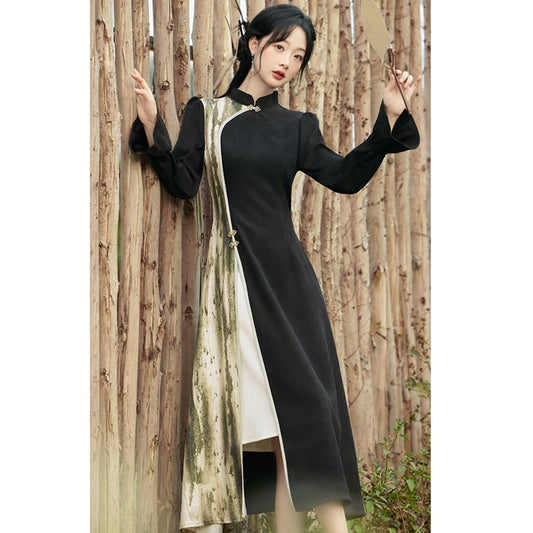 [Hanamori Series] ★China-style dress★ Improved cheongsam dress with switching design Black Black