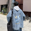 [V37 series]★Jacket★ 3color outerwear unisex men's denim jacket jeans butterfly print blue black