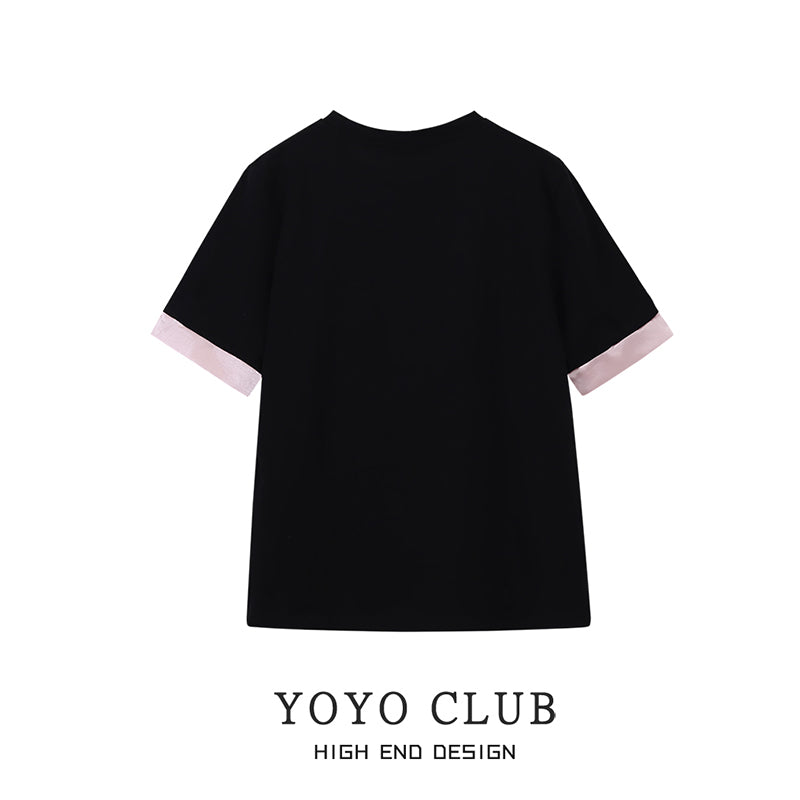 [YOYO CLUB Series]★China style top★ T-shirt short sleeve embroidery black black retro cute ladies