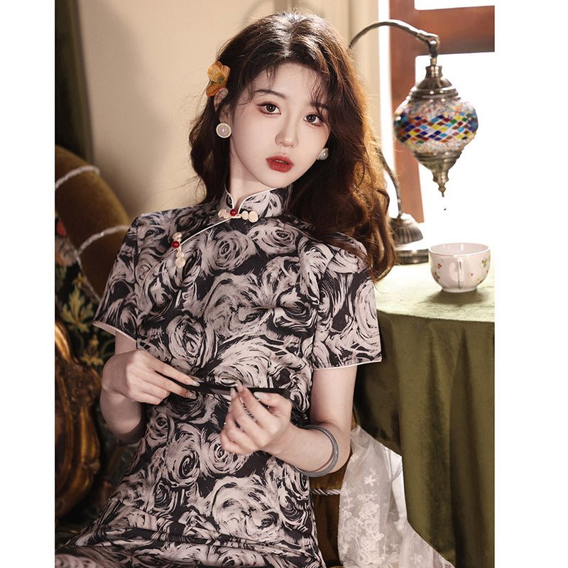 [HONGSHE Series] ★Chinese Dress★ Chinese-style dress, floral pattern, long length, short sleeves, slim, slimming, wedding, party