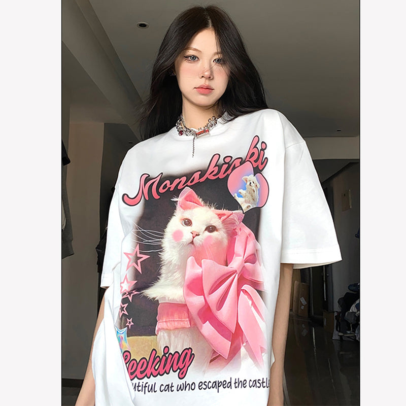 【HTTAOSUPシリーズ】★Tシャツ★ 3color トップス 半袖 レディース 男女兼用 メンズ コットン 猫 ねこ ネコ 猫柄