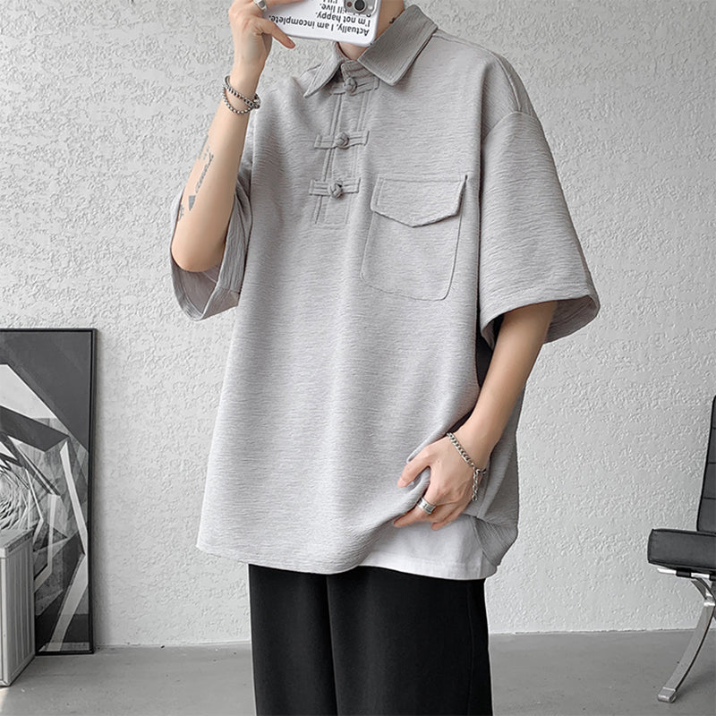 [BIGEMAN Series] ★China style tops★ 2color shirt, bamboo pattern, bamboo, short sleeves, unisex, men's, large size, black white