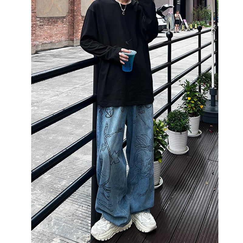 [XIHA Series]★Denim Pants★ Trousers Casual Pants Bottoms Unisex Men's Graffiti Blue Blue