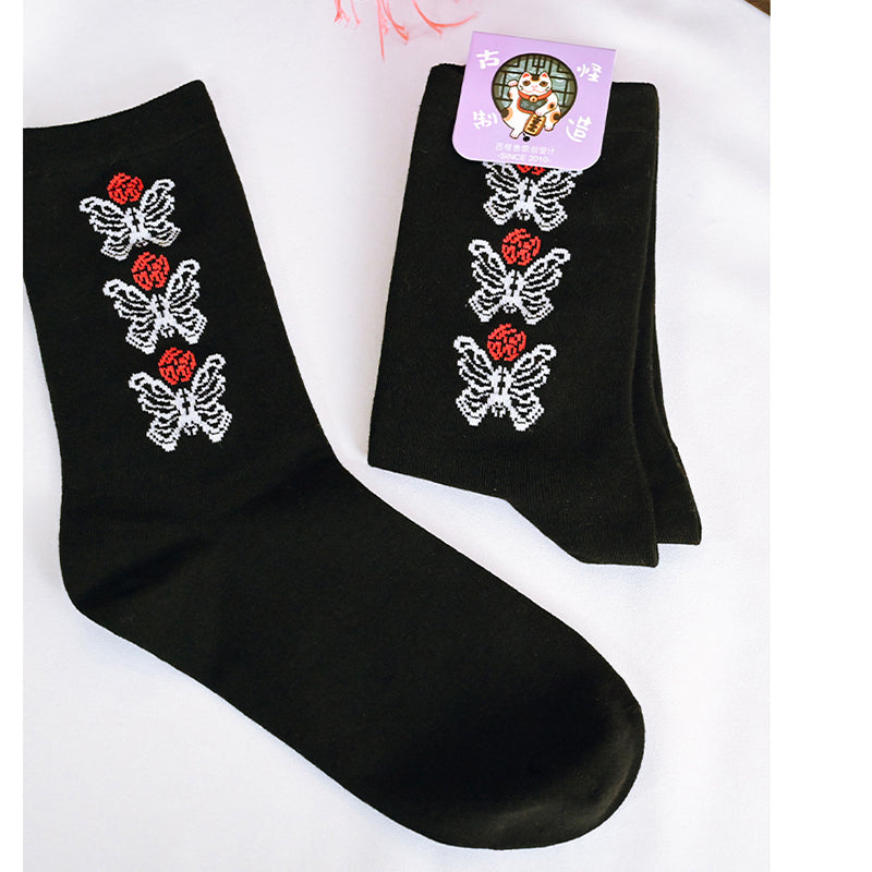 [Kogakusha---Flower Bone Series] ★Socks★ Chinese-style socks, cotton, butterfly print, easy to match, black