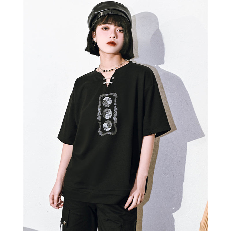 [Kugaisha---Kenkun Series] ★Chinese-style tops★ T-shirt, short sleeves, long sleeves, unique, original, text pattern, black