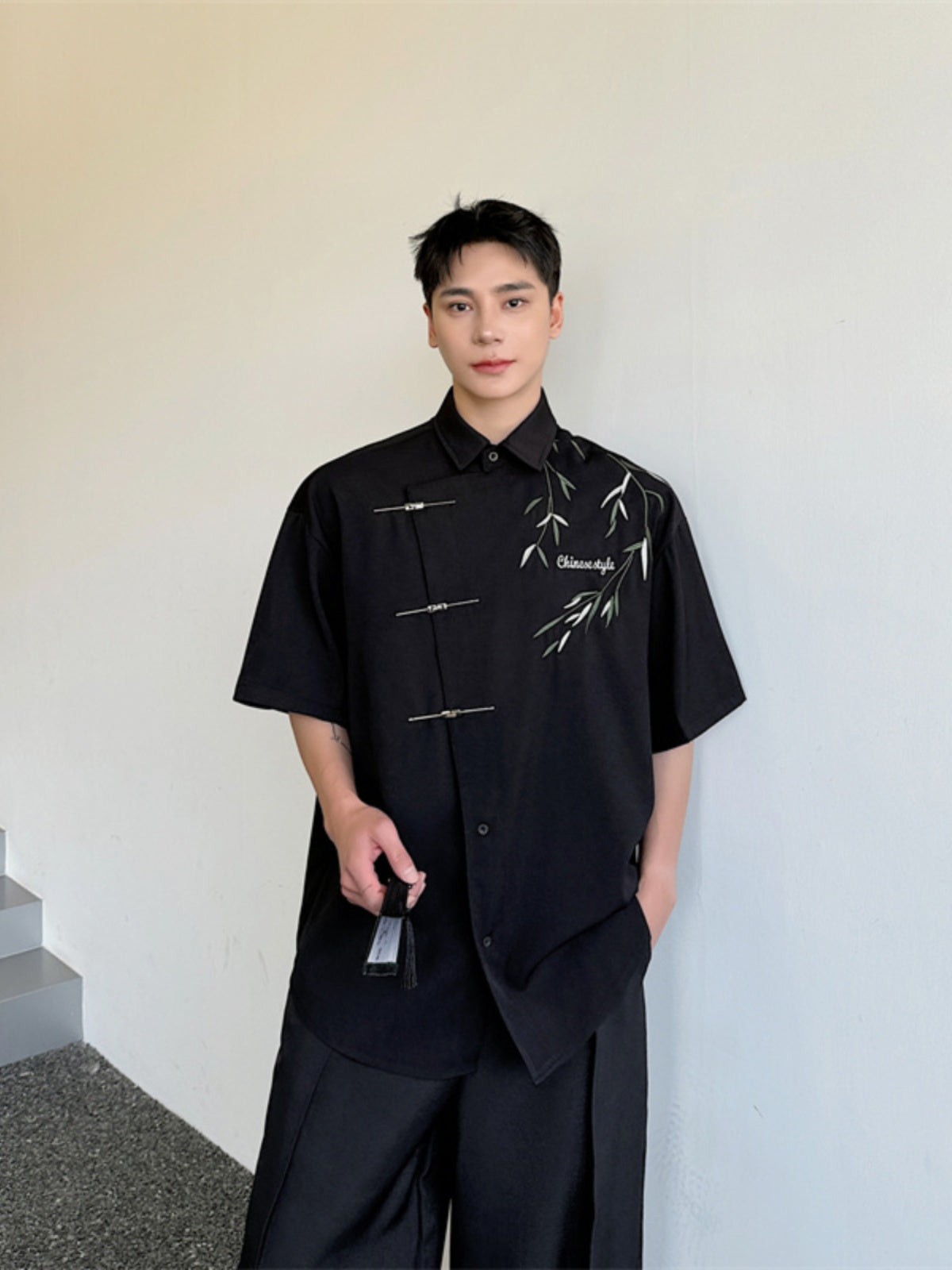 [ZHUIYI series] ★Chinese style tops★ 2 colors Shirt Short sleeve Bamboo Bamboo pattern Panda Men's Black White Chinese clothing