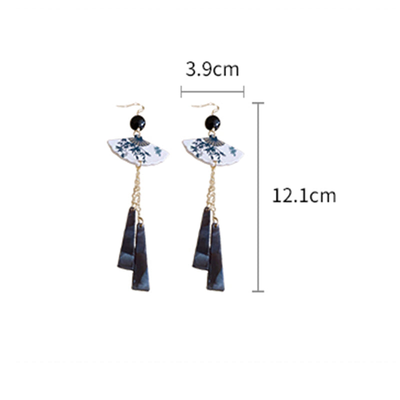 [Drejew Series] ★Chinese-style earrings★ Pair of earrings or earrings, fan, sense, fringe, unique