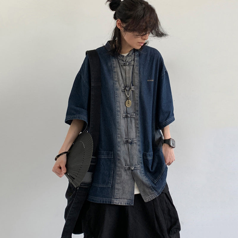 [JIWU series] ★Chinese style tops★ 2 colors Shirt Outerwear Short sleeve Denim Unisex Men's Casual Black Blue