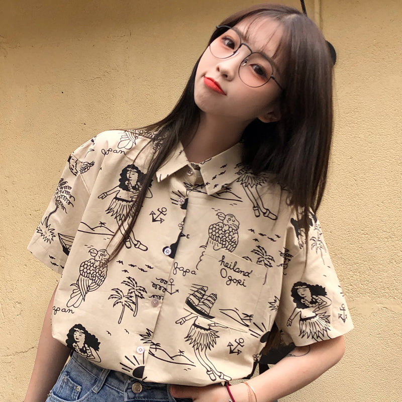 [FENGCAITU Series] ★Shirt★ Tops, short sleeves, printed, women's, unique, cute, ML, XL, retro