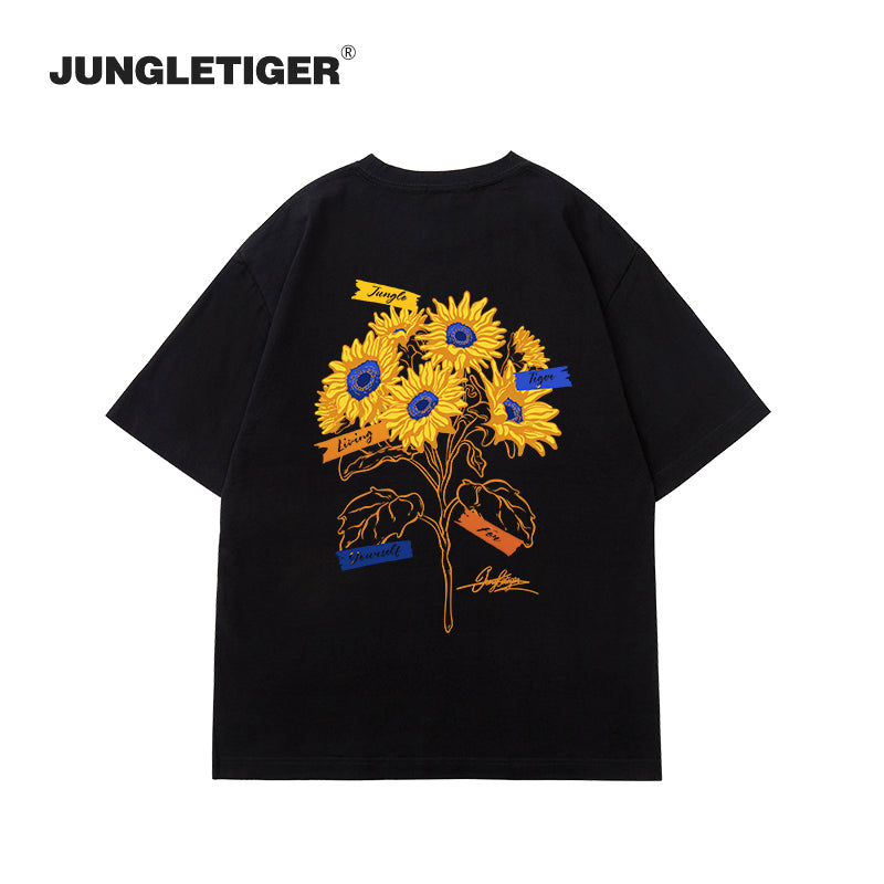 【JUNGLETIGERシリーズ】★Tシャツ★ 5color トップス 半袖 男女兼用 メンズ ひまわり 向日葵 コットン 黒 白 灰 青