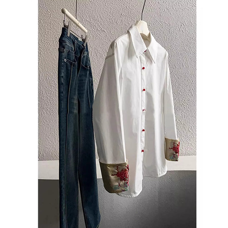 [XINJIAOQING Series]★China Style Shirt★ Embroidery Long Sleeve Shirt Tops Unisex Men's White White