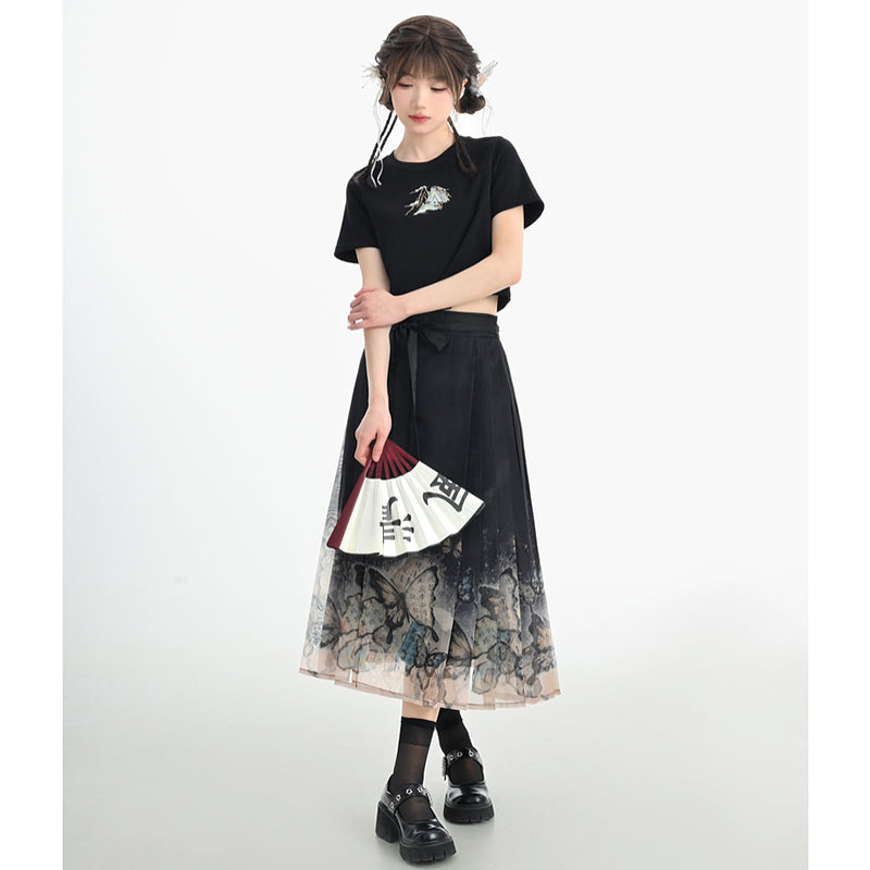 [Mori Onna Buraku Series] ★Chinese style skirt★ 2 types available Long length or short length Bottoms Butterfly Chinese clothing