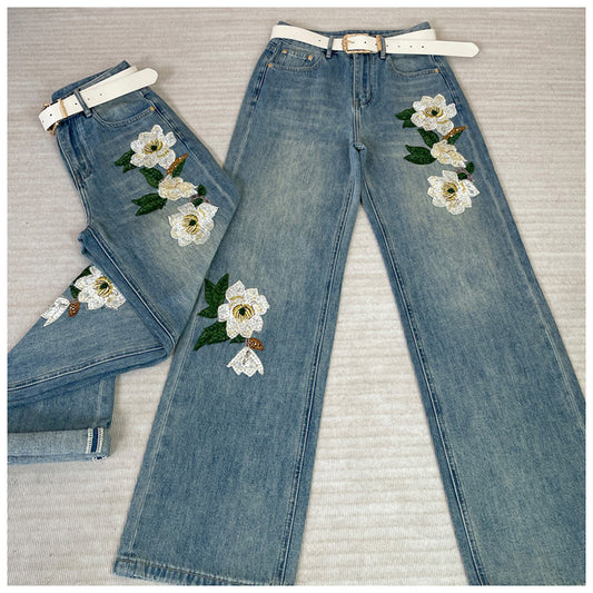 [OURI Series] ★Denim pants★ Trousers Bottoms Floral pattern Casual Easy to match Ladies Fashionable