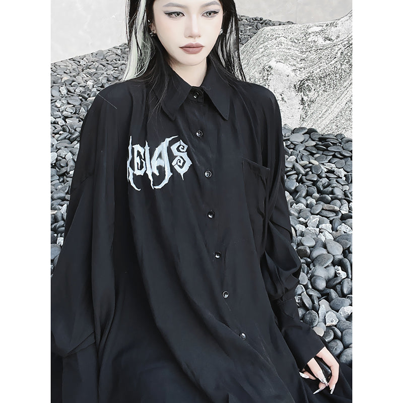 [Miub Series] ★Long Shirt★ Tops, long sleeve shirt, black, unique, thin, loose, easy to match