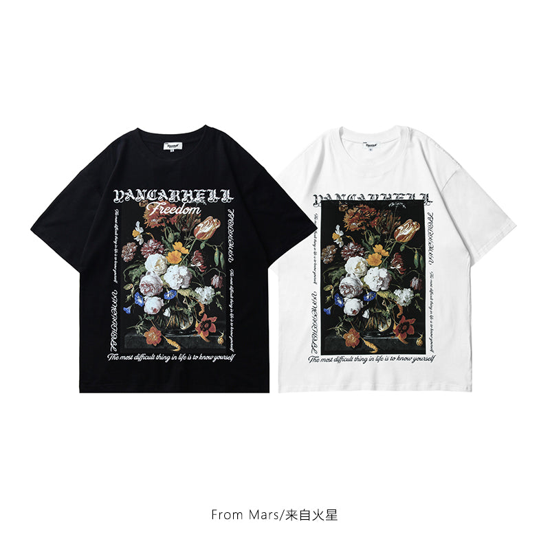 【From Marsシリーズ】★トップス★ 2color Tシャツ 半袖 花柄 男女兼用 メンズ コットン ブラック ホワイト