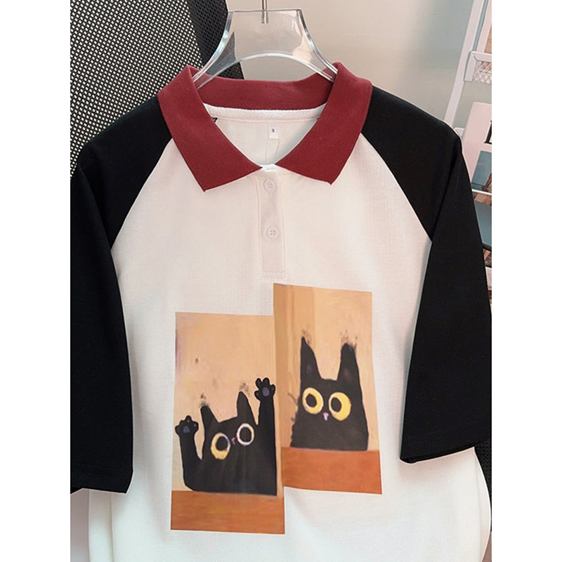 [DOL Series] ★POLO Shirt★ Tops Short Sleeve Ladies Color Scheme Cat Cat Cute Print Casual