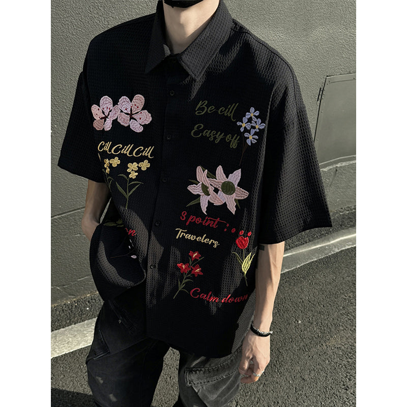 [NANSHI Series]★Shirt★ 2color Tops Embroidery Floral Pattern Short Sleeve Unisex Men's Casual Retro