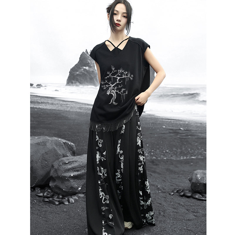 [Big Blue Dragon Series]★China style trousers★Bottoms Gaucho pants Loose Casual Black Black