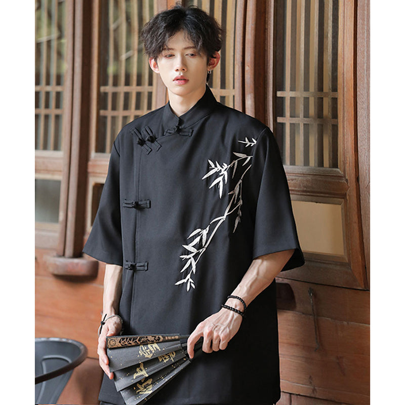 [BIGEMAN Series] ★China style tops★ 2color shirt, bamboo pattern, bamboo, short sleeves, unisex, men's, large size, black white