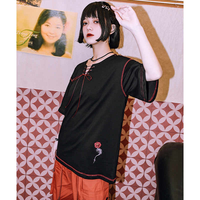 [Kogaisha---Hanabone Series] ★Chinese-style top★ T-shirt, printed, unique, original, women's, casual, black