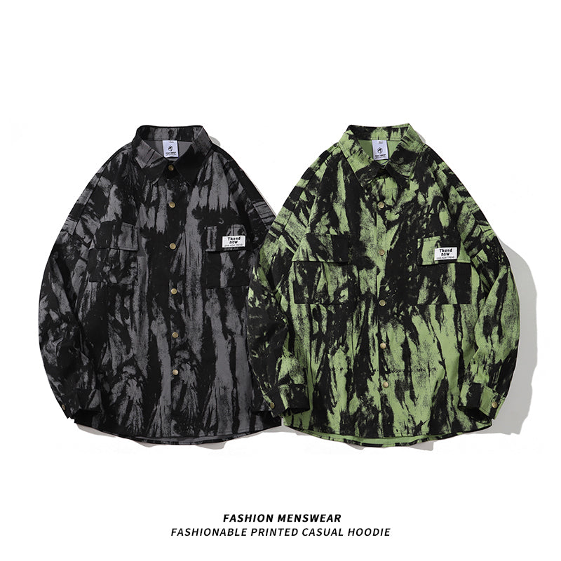 [KUBA Series]★Shirt★ 2color Tops Long Sleeve Shirt Unisex Men's Tie-dye Black Green